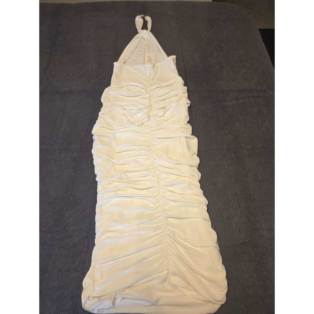 Club L London Serendipity White Halter Neck Midi Dress‎ UK 12 Ruched Bodycon New